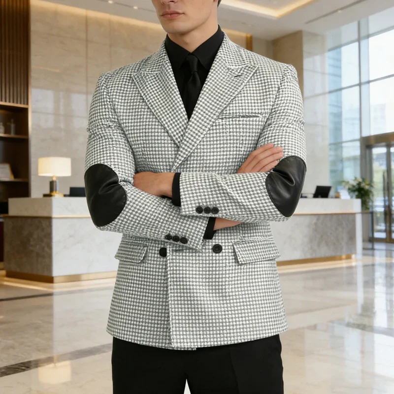 

Only Men's Blazer 1PCS Vintage Houndstooth Notch Lapel Elbow Patches Slim Fit Jacket Business For Spring Autumn