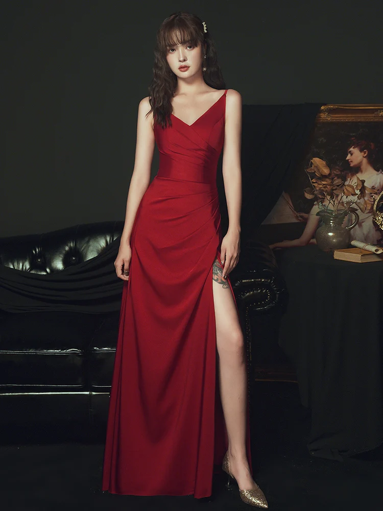 

Red Long Evening Gown Sexy Strapl Wedding Dr Ele Ele for Toasts Faionable mid Waist a Line Skirt Polyester
