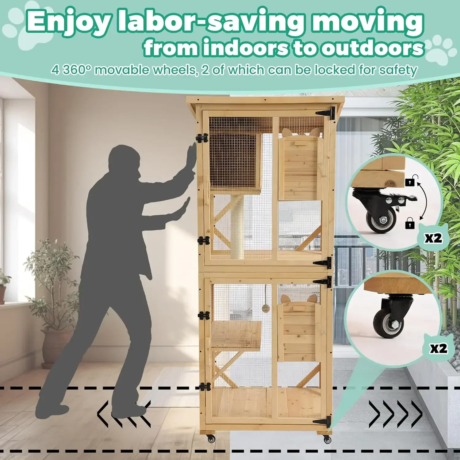 

Новинка! Ограниченное количество! Уличный вольер-кэттато для кошек 71 дюймов (180 см) высотой, 4-уровневый деревянный домик-клетка на колесах, большой кэттато