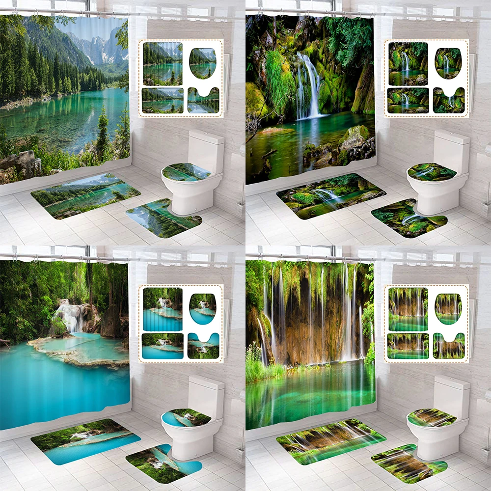 

Forest landscape Waterproof Shower Curtain Non-Slip Mat Rug Carpet Toilet Seat Cove Polyester Washable Bathing Bathroom Decor