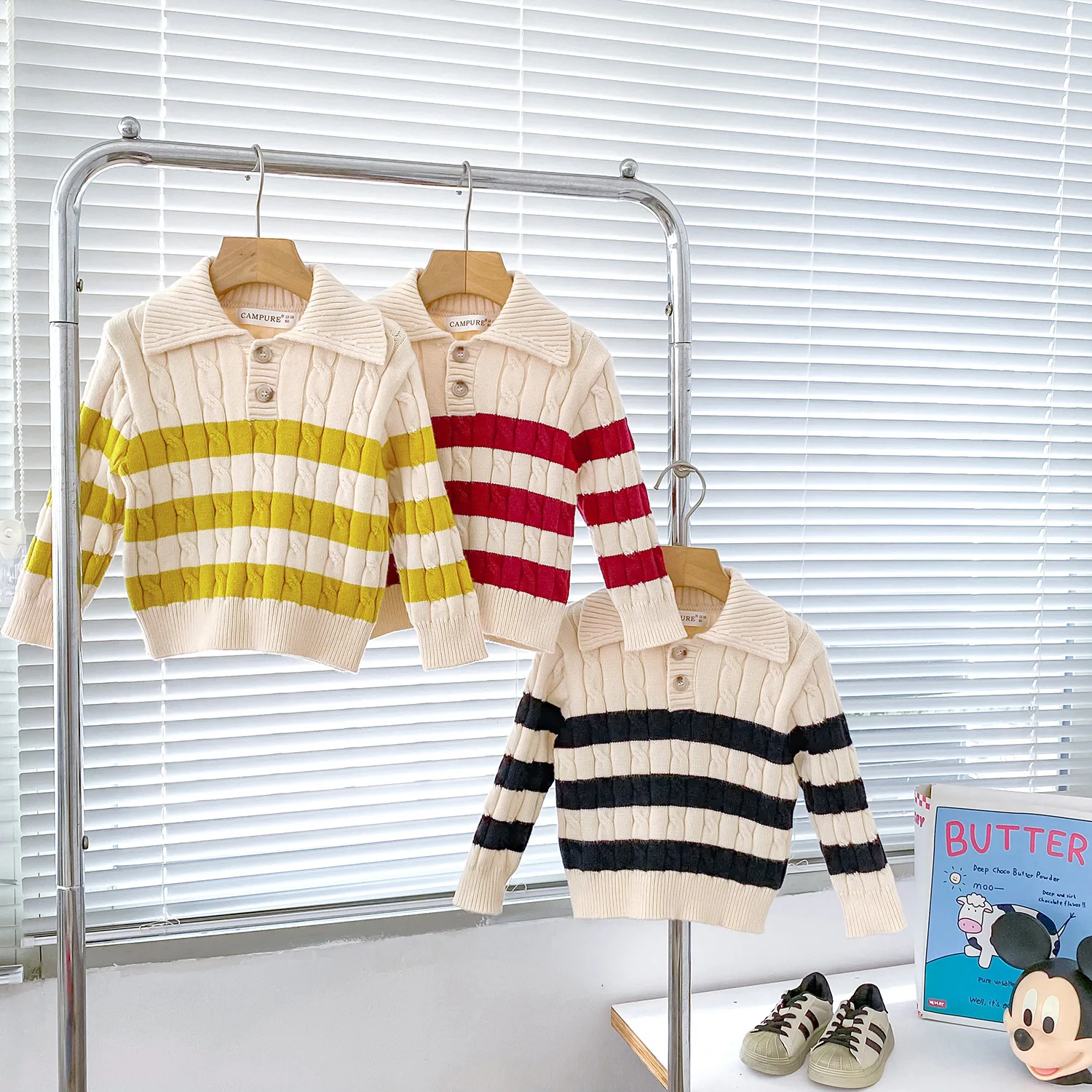 FINEPAT 2026 Autumn Kids Sweaters Striped Boys Knit Pullover Turn Down Collar Girls Knit Wear Girls Outfit