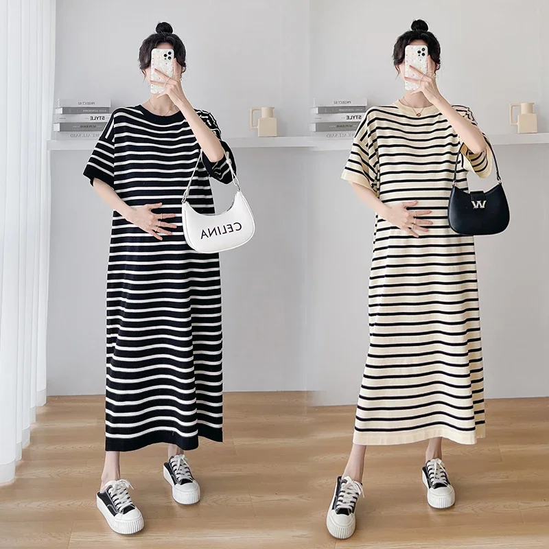 

2024 Summer Striped Knitted Maternity Long Dress Casual Loose Straight Clothes for Pregnant Women Pregnancy Ice Cool