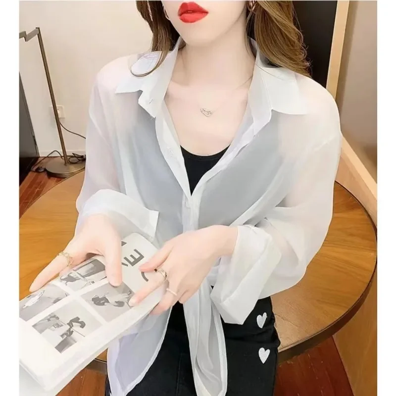 Summer Women Thin Shirts Loose Chiffon Long Sleeve Sun Protection Shirt Solid Korean Beach Holiday Ladies Tops