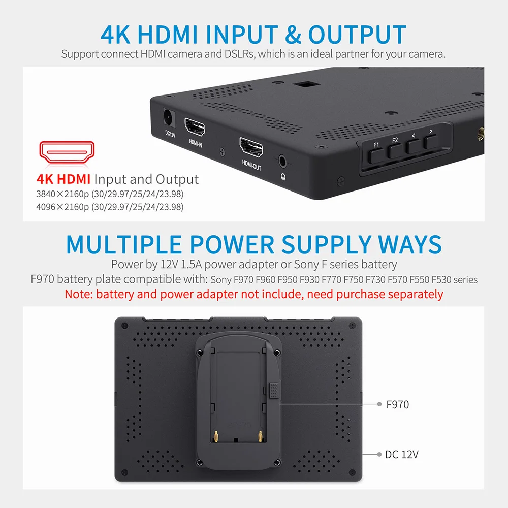 Feelworld 7-calowy lustrzanka cyfrowa T7 PLUS 3D LUT On Camera 4K HDMI Full HD 1920x1200 IPS Waveform Wector Aluminum Housing