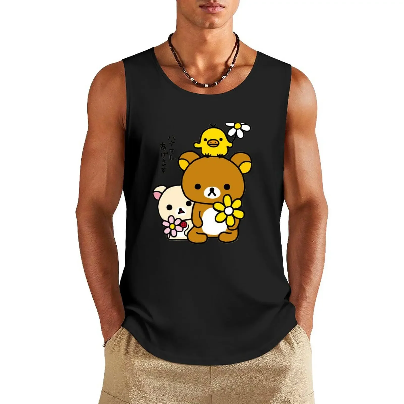 Rilakkuma, Korilakkuma, Kiiroitori And Flowers Tank Top anime gym sleeveless man shirts gym top muscular man