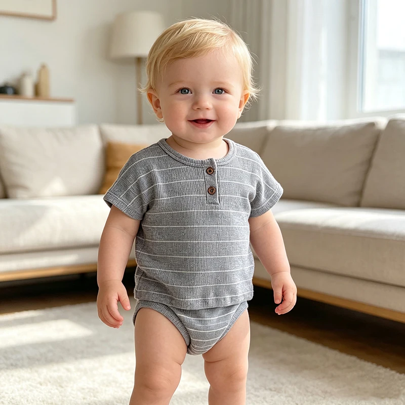2026 Sommer Babykleidung Gestreiftes Set Niedliches Baby-Jungen-Outfit 0-24M Graues T-Shirt und Shorts 2-teiliges Jungen-Kleidungsset