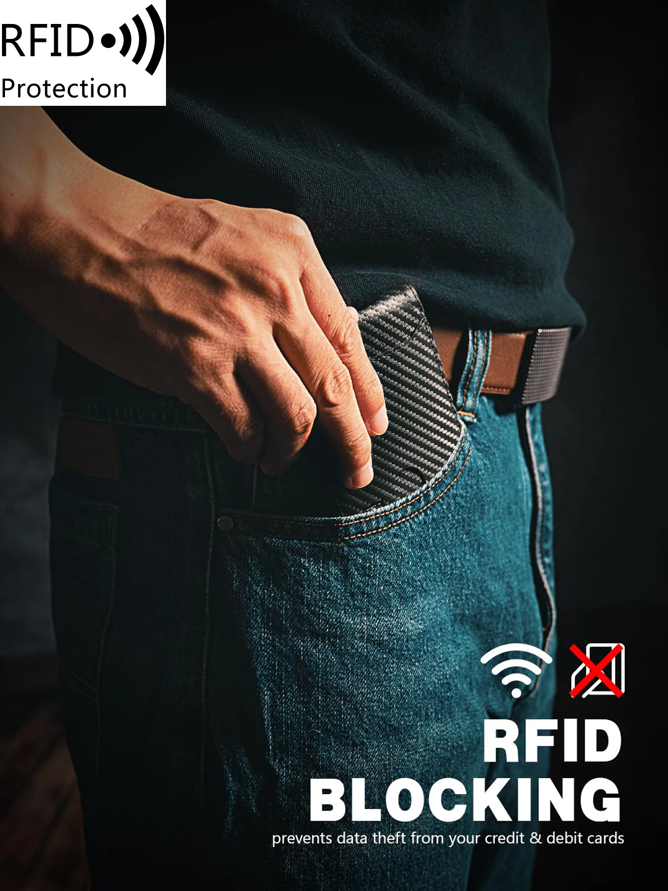 RFID-blockierende Kohlefaser-Geldbörse – ultraschlankes, zweifach faltbares Kreditkartenetui mit Ausweisfenster, tragbarer Geldklammer für die Vordertasche – Detail 5