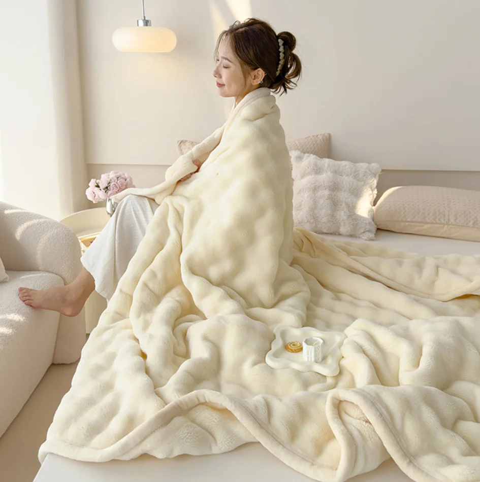 Solid Color Flannel Rabbit Fur Blanket Soft Coral Fleece Sofa Cover Nap Blanket for Bedroom Manufacturer Wholesale