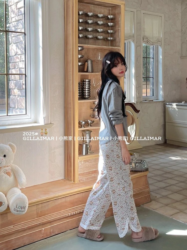 Japanese Ins Cute Girl Round Neck Cartoon Lace Bow Long Sleeve Pajamas Loose Casual Loungewear Set Can Be Worn Outside