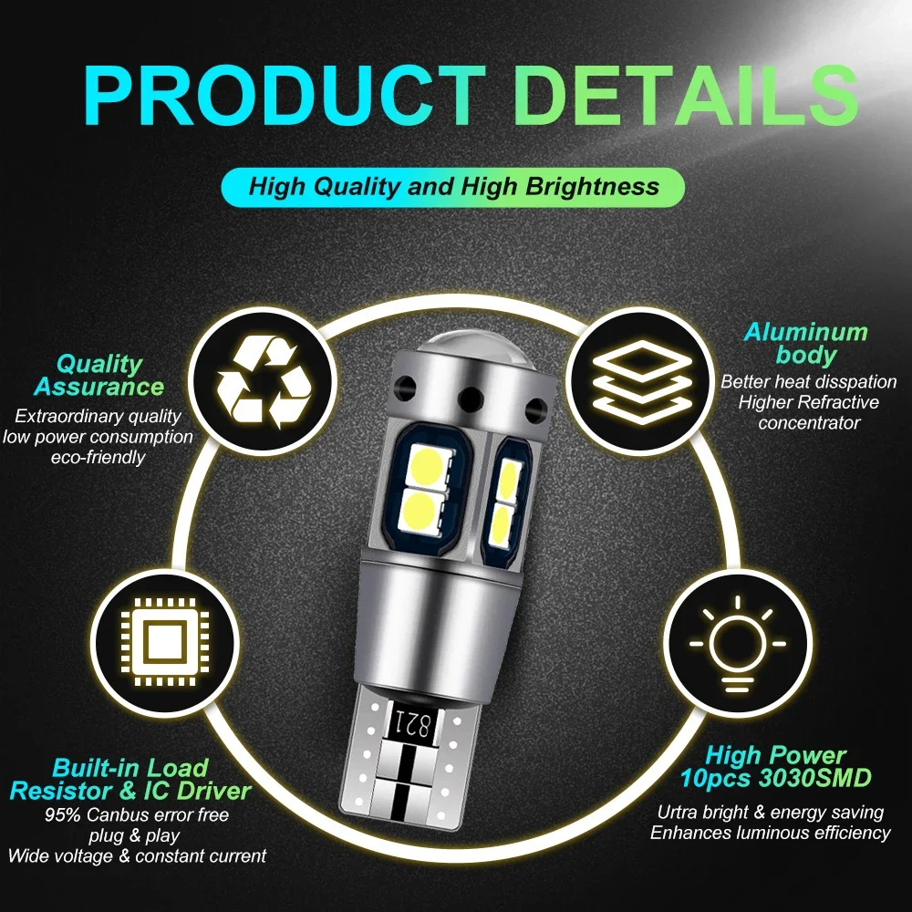 6PCS High Quality T10 W5W 168 192 Led Tail Light 3030 10smd 12V Auto Lamp CANBUS NO Error Car Marker Parking Bulb 6000K ASLENT