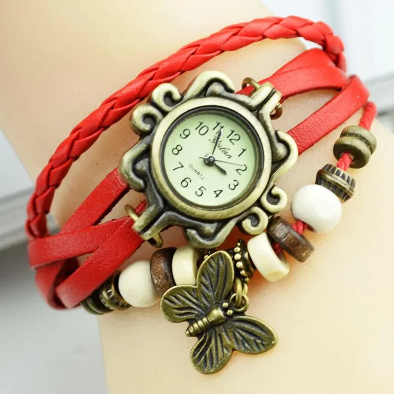 Multicolorido de alta qualidade feminino couro vintage quartzo vestido relógio pulseira relógios pulso borboleta presente reloj de mujer