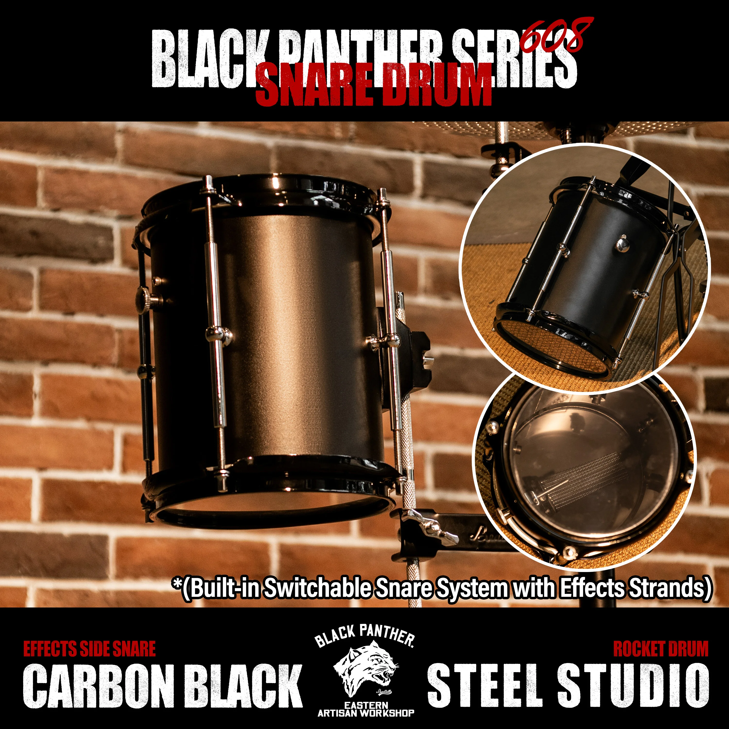 

Beatello 6" Black Panther Switchable Snare Effects Drum | Carbon Black Steel | Built-In System Effects Strands | Redefine Your
