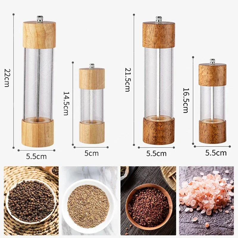 WXCOO Manual Wood Pepper Grinder 6/8inch Adjustable Ceramic Pepper Grinder Tool Acrylic Sea Salt Grinding Bottle for Salt Spices