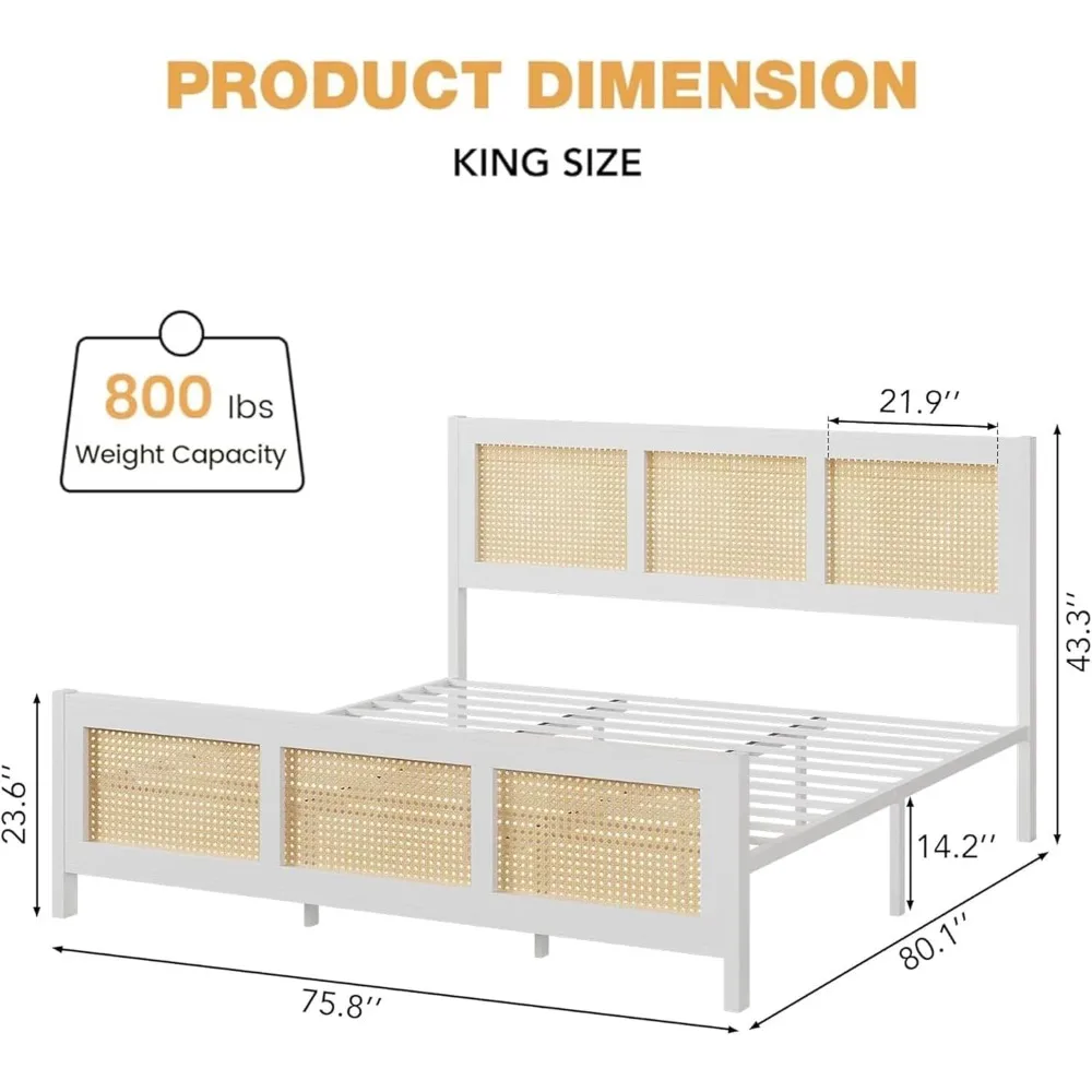 King Size Bed Frame with Headboard, Bohemian Rattan Platform Bed Frame with Strong Metal Slats Support, No Box Spring Needed