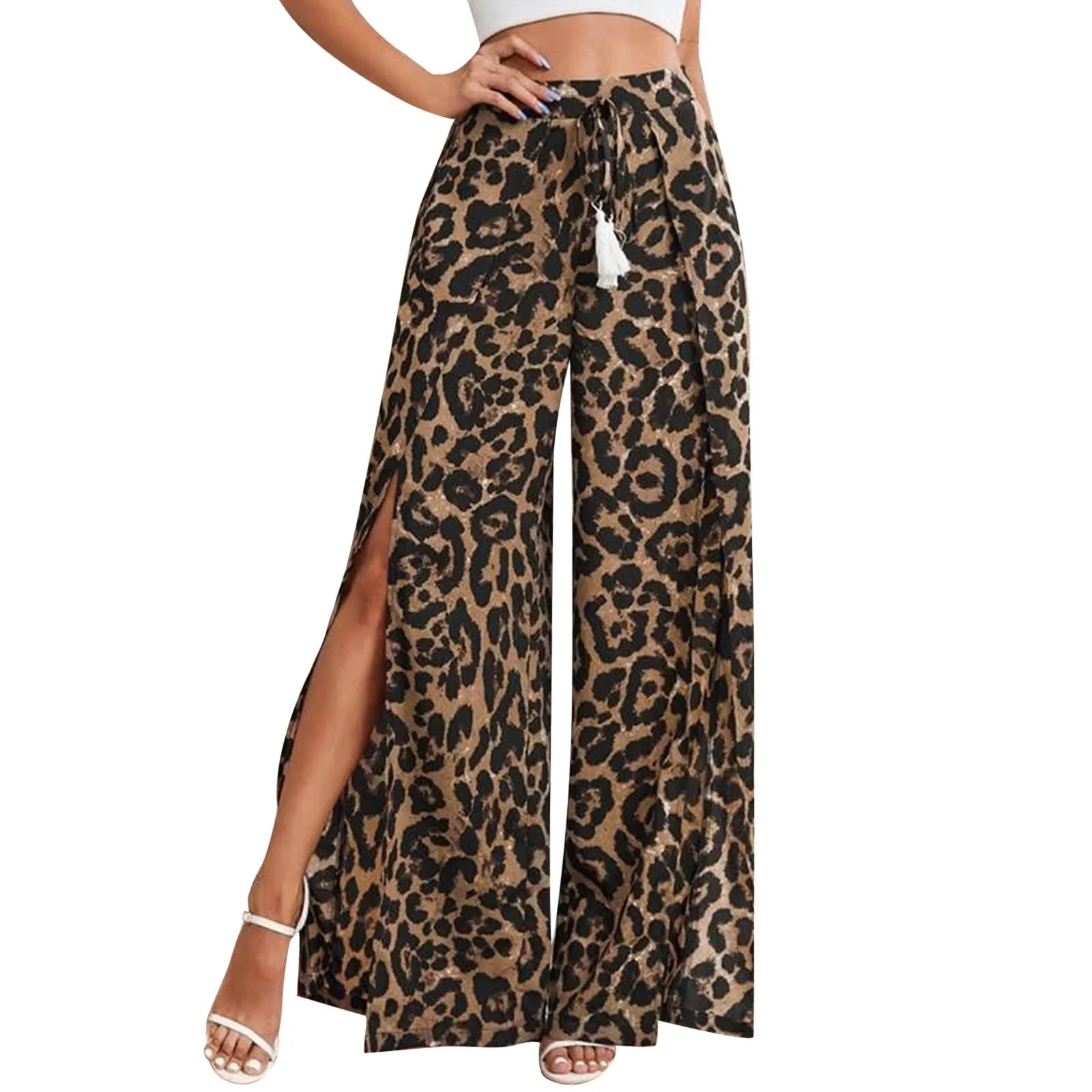 Leopard Print Tassel Lace Up  Wide Leg Pants Sexy High Wiast Side High Slit Beach Holiday Trouser Boho Flower Print Skirt Pants