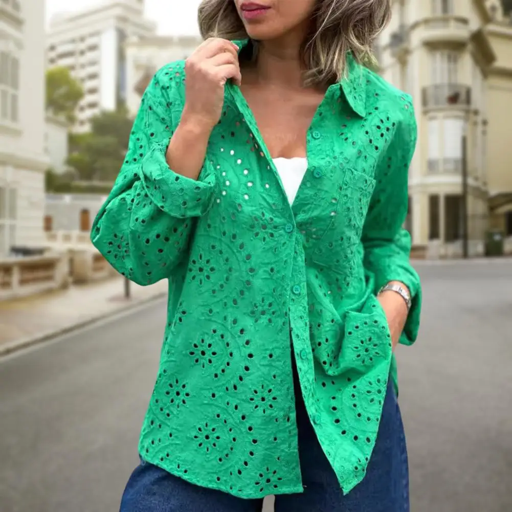 Lapel Top Elegant Hollow Embroidery Flower Shirt Tops for Women Lapel Long Sleeve Streetwear Single Breasted Solid Color Spring