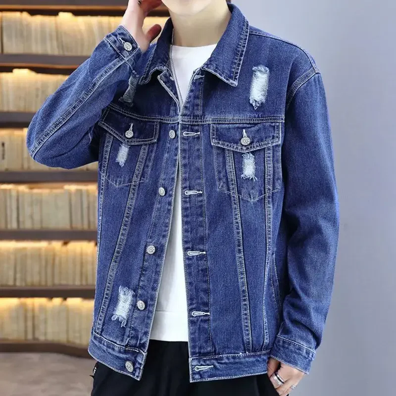 Men's Denim Jacket With Hole Light Male Jean Coats Ripped Autumn Large Size On Board Korea Big Cheap Price Stylish Comfortable