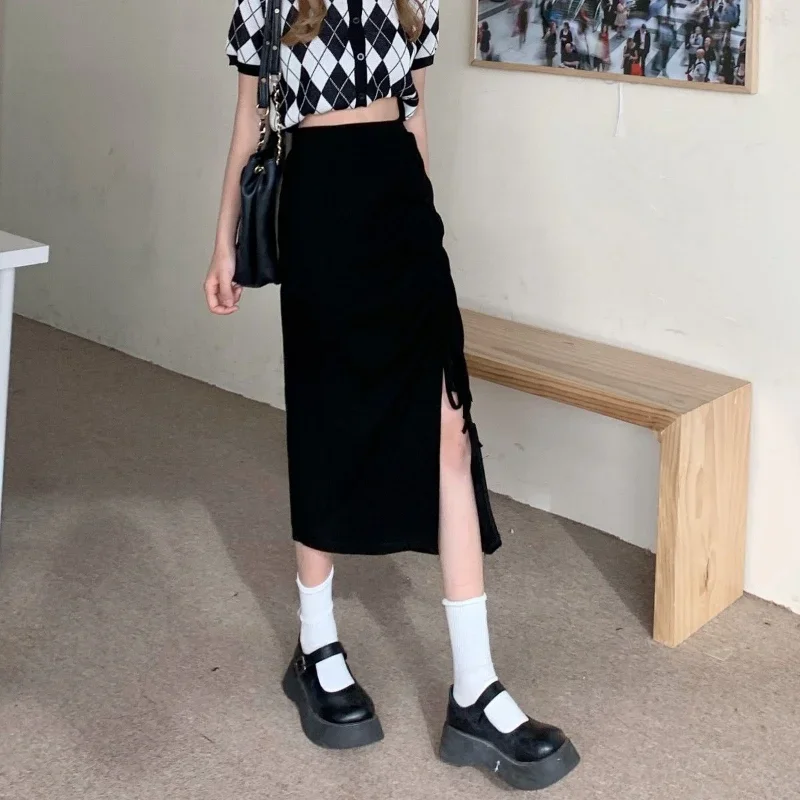 

Skirts Women M-3XL Casual Simple Shirring Temperament Harajuku Slit Korean Style Empire Popular Summer Female All-match Comfort