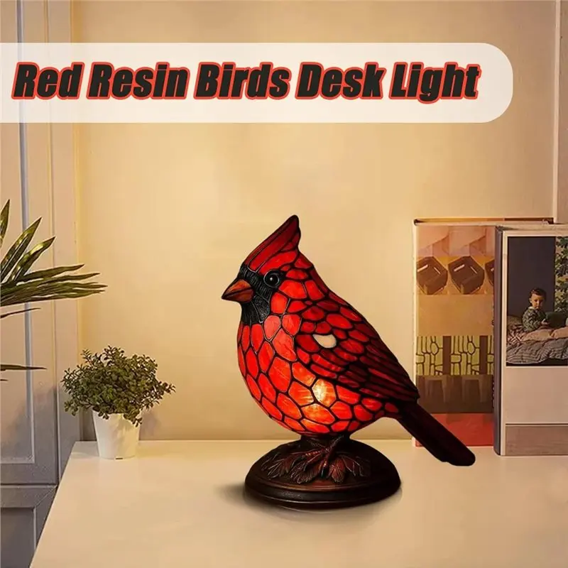 A59Z-لغرفة المعيشة بجانب السرير لغرفة النوم ديكور المنزل بطارية تعمل بالطاقة اليدوية الزجاج الملون مصابيح الطيور-تصميم الكاردينال