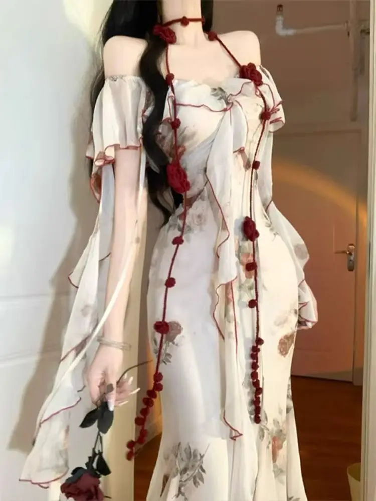 Retro Rose Floral One Shoulder Dress Elegant Unique Beautiful Summer Perfect Small Skirt High Waist Floral Print Holiday Style