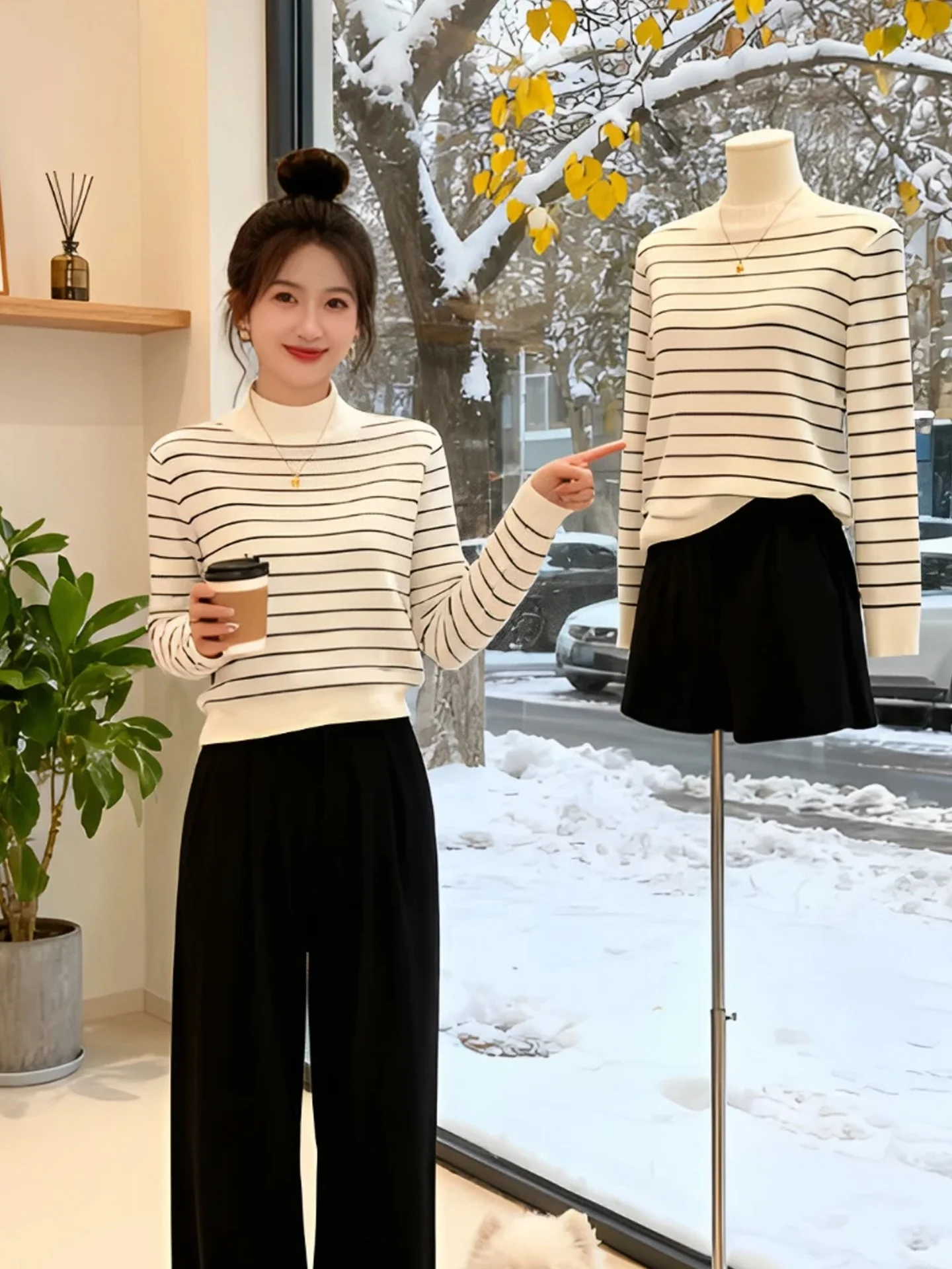 

Soft Comfortable Long Sve Striped Camere Knitwear Korean Sle Casual Commute Versatile Women's Winter Top