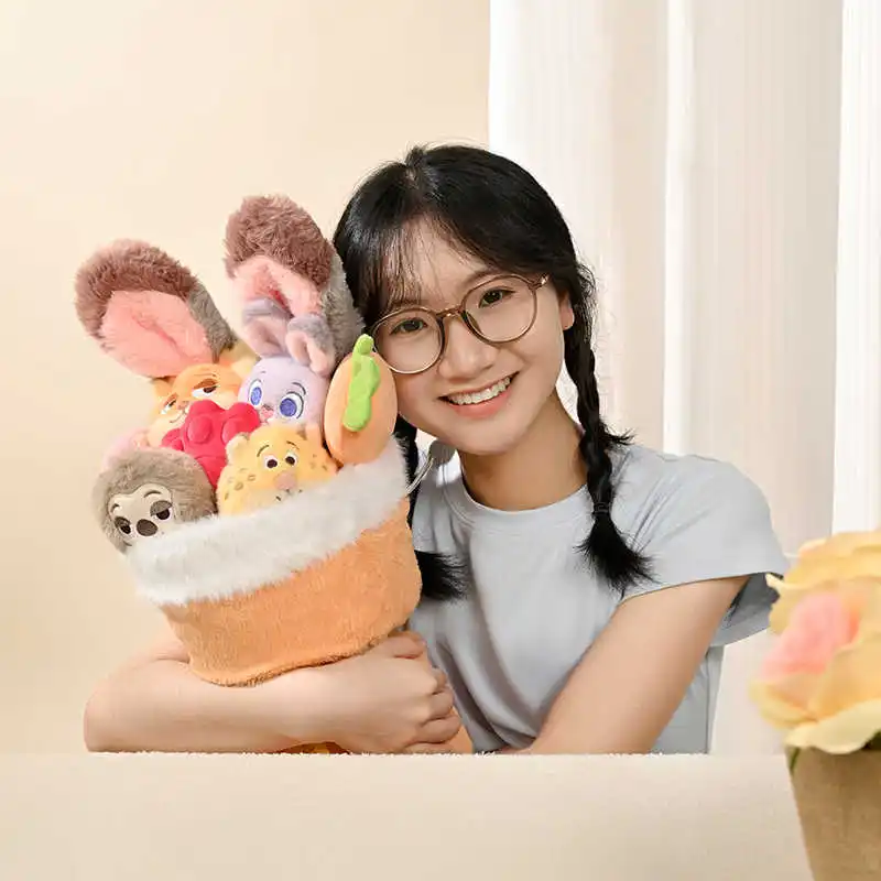 Disney zootopia nick & judy boneca de pelúcia série pequena reunião momentos anime figura com buquê de flores presente do dia dos namorados