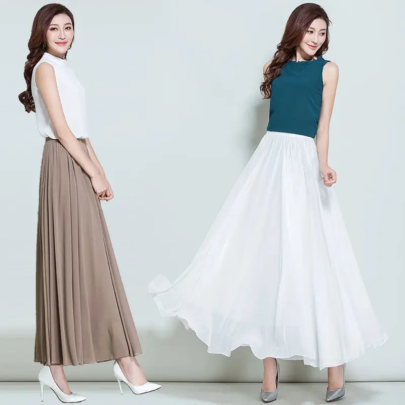 HongBiTu Women Sexy beautiful stretch High Waist Pure color  Chiffon Skirt Dance long skirt YF0045