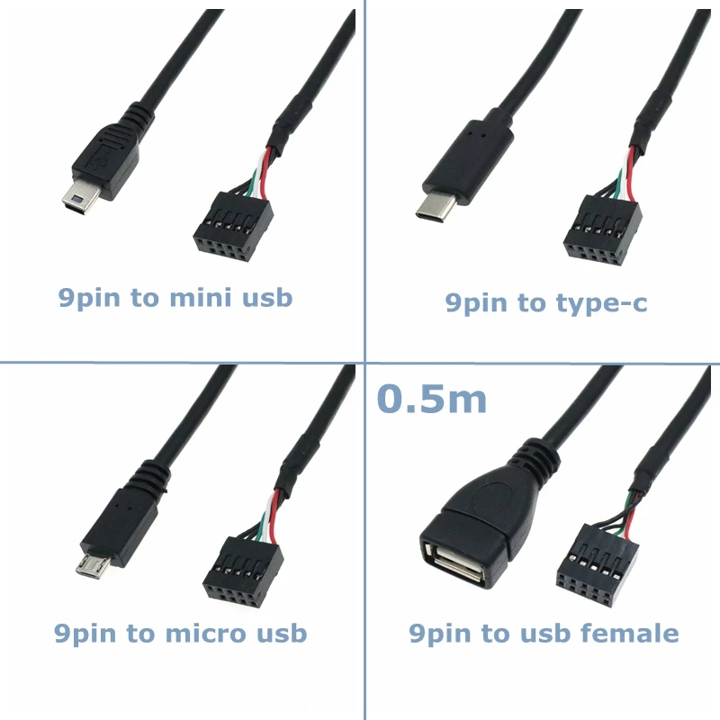 0.5m Micro USB Mini USB Type-C male to 2.54mm DuPont 9-pin Female Connector Computer Motherboard 9Pin Connection Cable