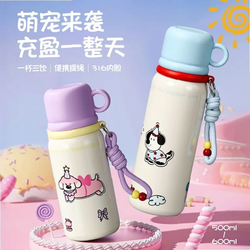New Kids Insulated Cup 316 Stainless Steel Water Bottle Cute High Value Girls Students 3-in-1 Straw Sip Lid Leakproof