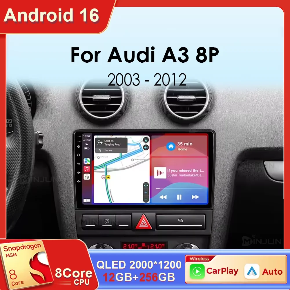 Rádio Automotivo Android 16 para Audi RS3 A3 8P S3 2003 2004 2005 - 2012, Reprodutor de Vídeo Multimídia Estéreo, Carplay Sem Fio, Unidade Principal com GPS