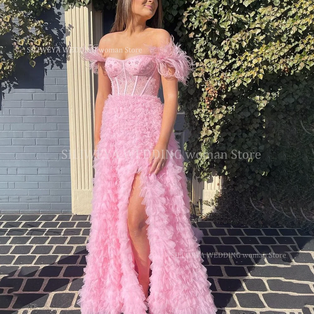 여성용 스위트 핑크 이브닝 드레스, 시크 오프 숄더, 섹시한 하이 슬릿, 바닥 길이 플리츠 케이크 스커트, 격식 있는 디너 드레스