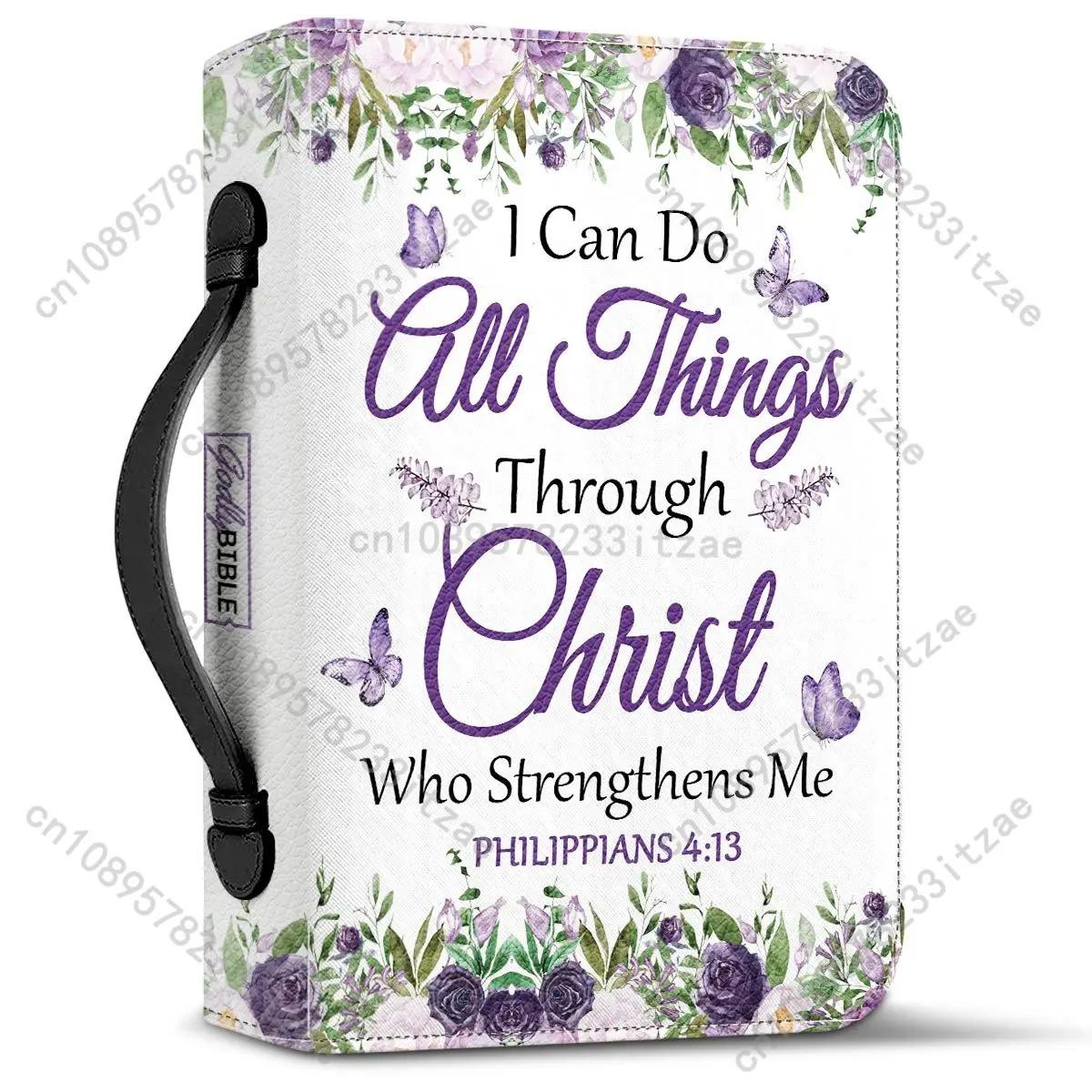 I Can Do All Things Through Christ Butterflies Bible Cover Case Handbags for Women Leather Zippered Handle Bible Bags DIY Name