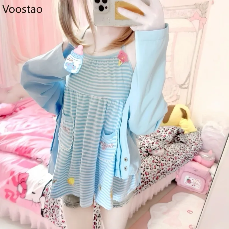 日本のかわいいロリータスタイルプリンセスドレス女性甘いストライプ漫画刺繍ストラップドレス女の子かわいい Y2k パーティーミニ Dres