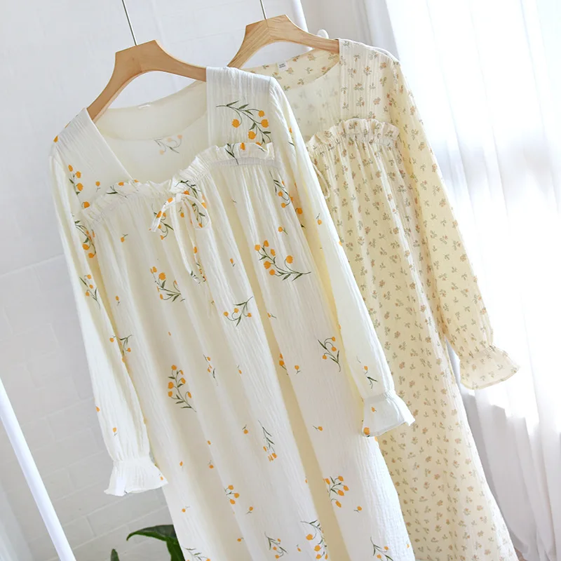 

New Spring Autumn 100% Cotton Nightdress Women Nightgown Sleepshirts Long Sleeves Nightie Nightdress Cute Floral print Sleepwear