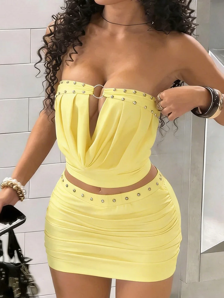 Metal Rivet Womens Two Piece Outfits 2026 Summer Fashion Sexy Cut Out Draped Bust Crop Top and Ruched Bodycon Mini Skirts Sets
