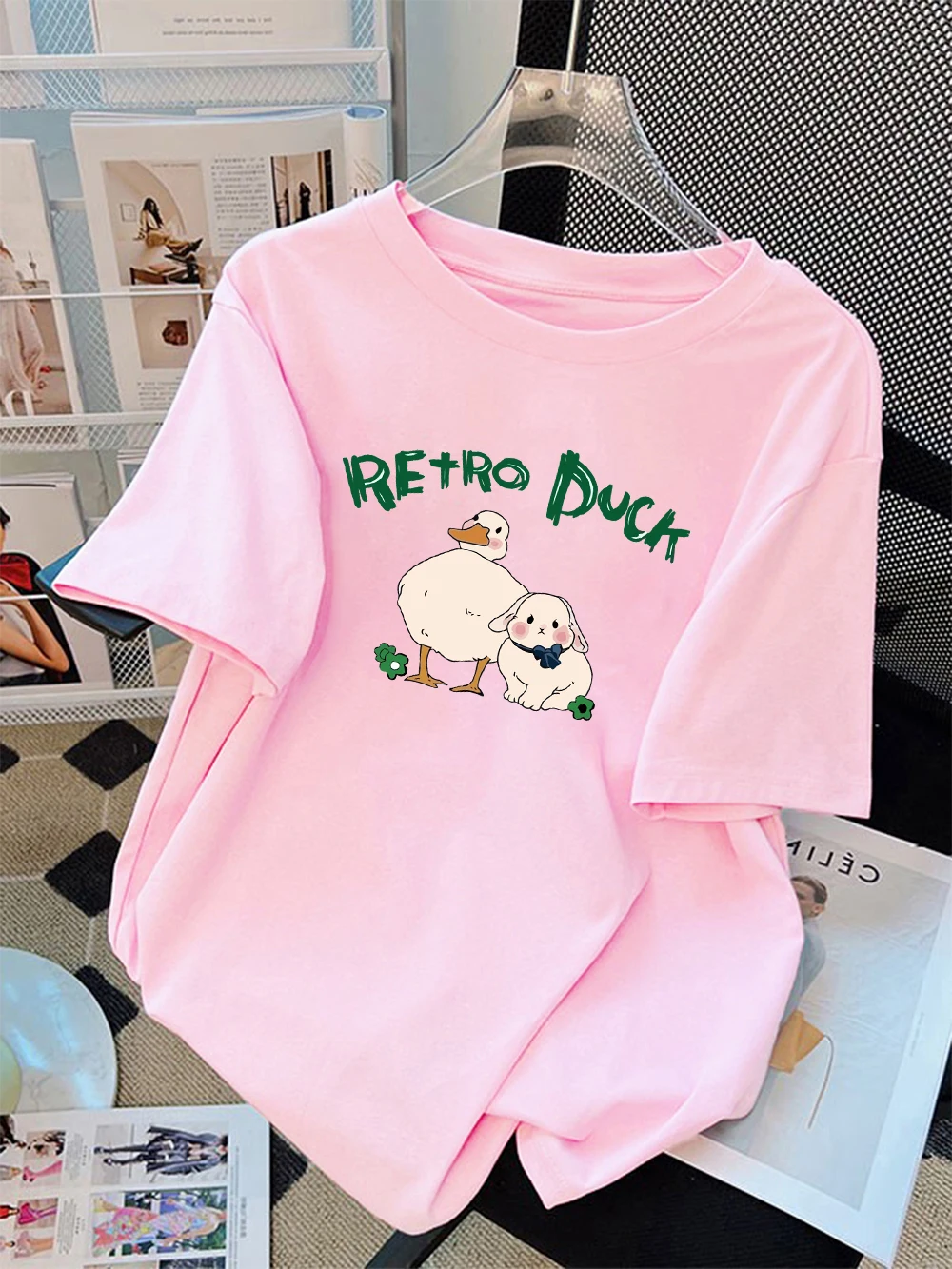Women T-Shirt Cotton Summer Cartoon Retro Rabbit Duck Printing Short Sleeve Loose O-Neck Soft Comfortable Tops Casual Clothes