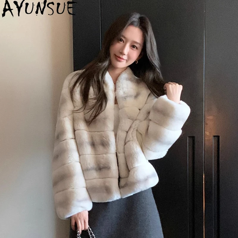 

Женская шуба из меха кролика рекс AYUNSUE, теплая зимняя куртка с длинными рукавами, короткая верхняя одежда, роскошная женская одежда