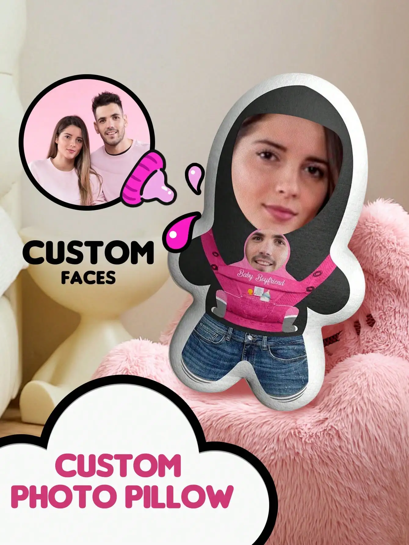 Custom Pillow with 2 Faces Photo Text 4 Sizes Personalized Shaped Funny Pillow For Couple Pet Lovers Gift For Mother Father Day