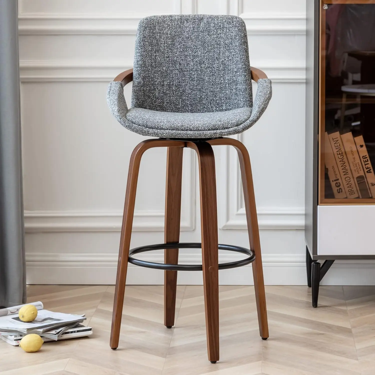 LUNLING 25.6 "ความสูงบาร์ Barstools ชุด 2 MID Century Modern Retro เก้าอี้บาร์ถ่านสีเทาผ้าลินินดูผ้าหุ้มและ