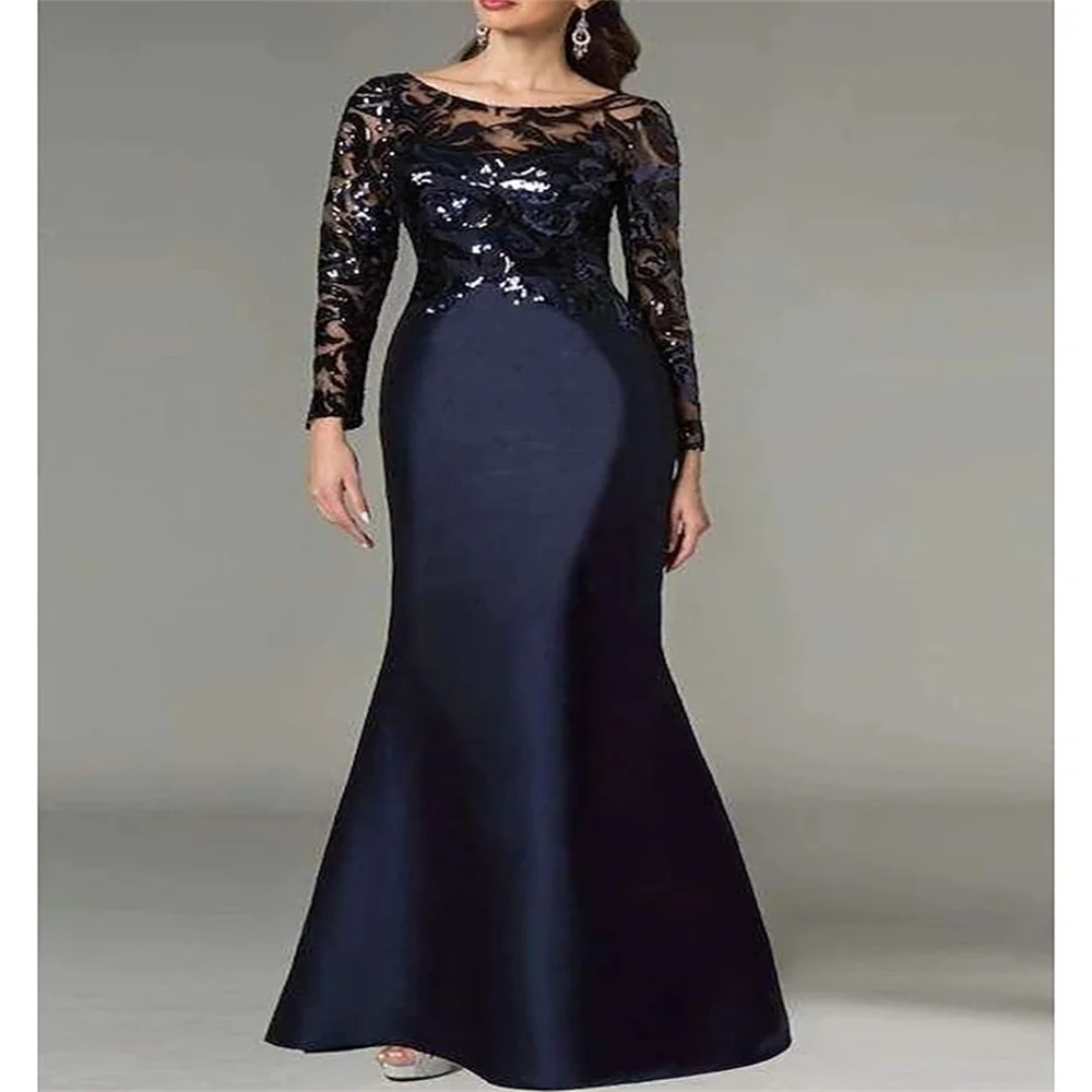 2024 Plus Size Sequin Mesh Mermaid Slim Evening Dress Leaves Pattern Formal Women Elegant Party Prom Gowns Long Sleeve Mother's