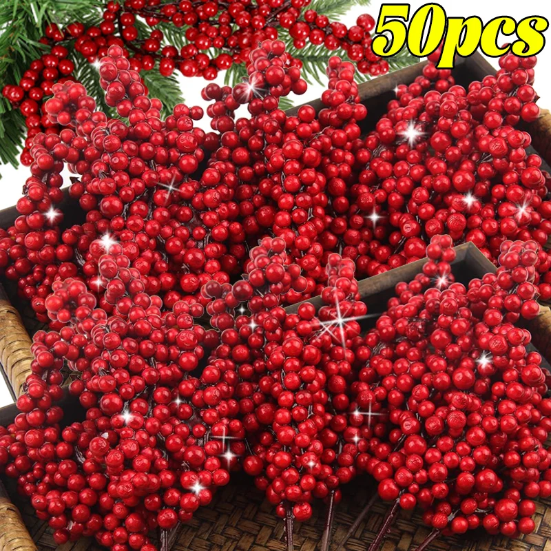

Artificial Berries Branches Christmas Red Holly Berry Stem DIY Flowers Simulation Plant Xmas Tree New Year Party Decor Ornaments
