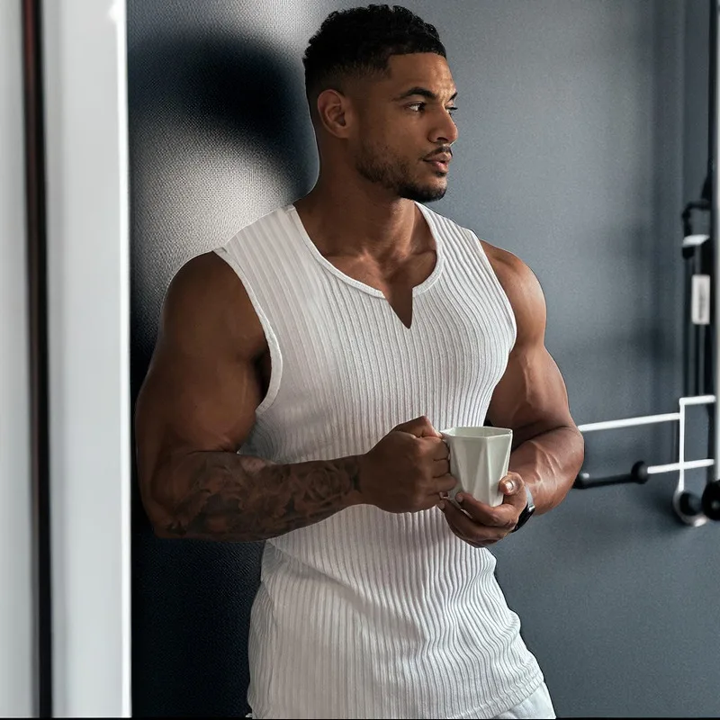 White Stripe Knitted V Neck Fitness Tees Sleeveless Men Bodybuilding Tank Top Summer Quick Dry Sweatshirt Gym Workout Vest Tops