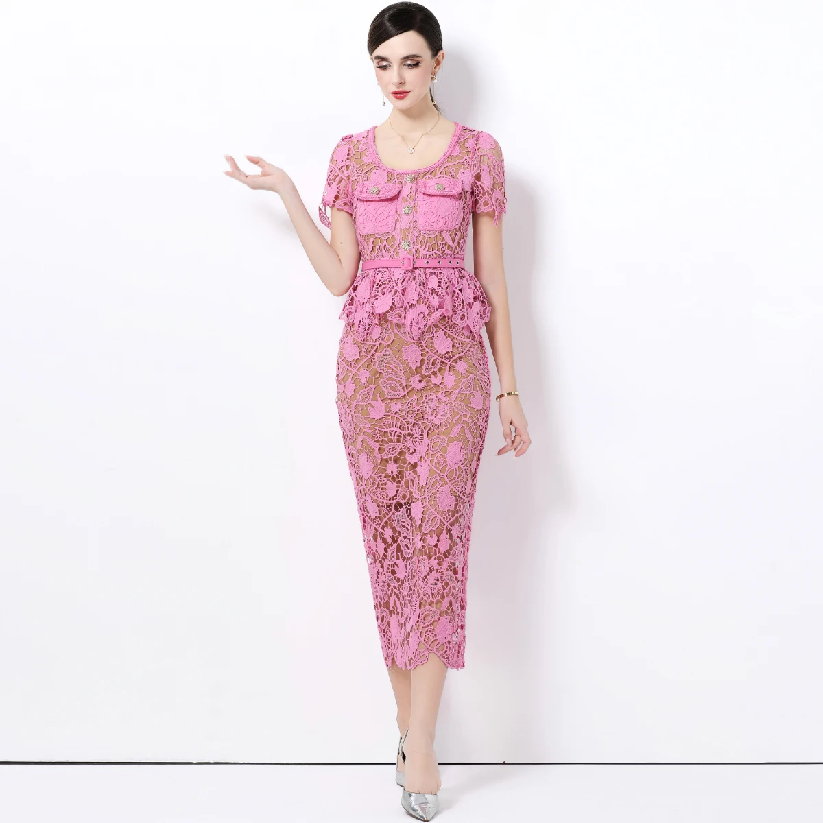 Summer Retro Solid Sexy Dress Women U-Neck Short Sleeve Square Pocket Decoration Dress Lace Cutout Comes with Belt Evening Gown