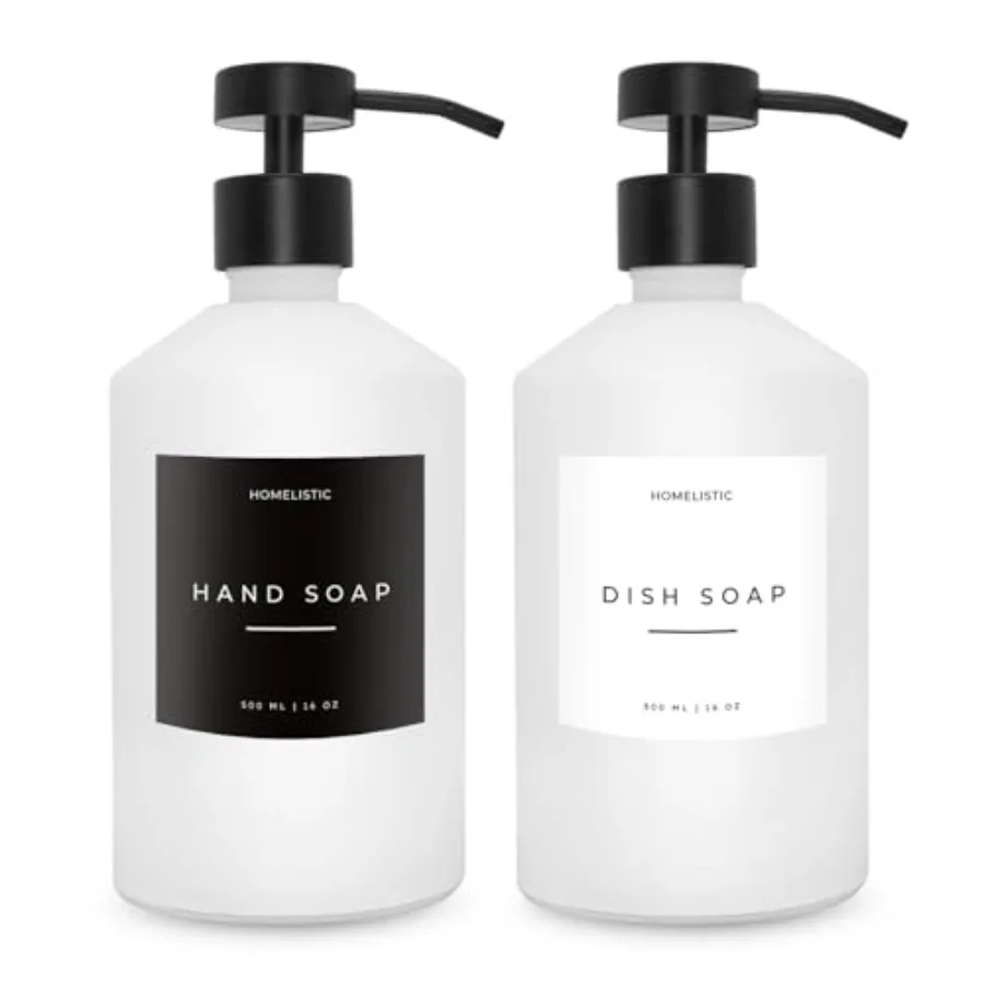 

Luxury Glass Soap Dispenser Set of 2 - Elegant Aesthetic Glass Bottles with Modern Matte Stainless Steel Pumps, Ideal for Kitch