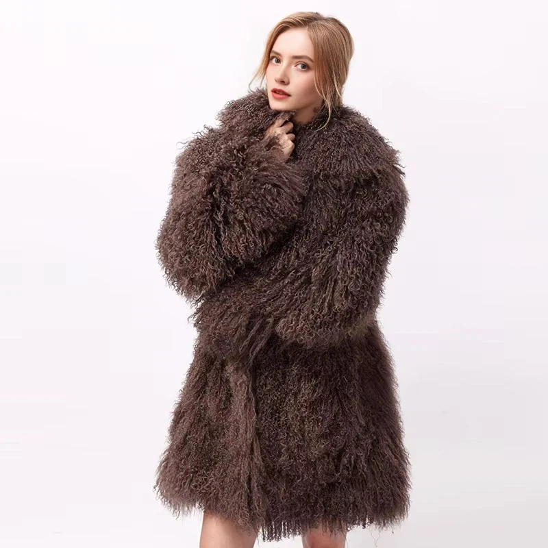 CNEGOVIK Women\'s Winter Lamb Fur Coat Mongolia Sheep Fur Coat Real Sheepskin Coat Luxury Brand Female Clothing Long Fur Jackets