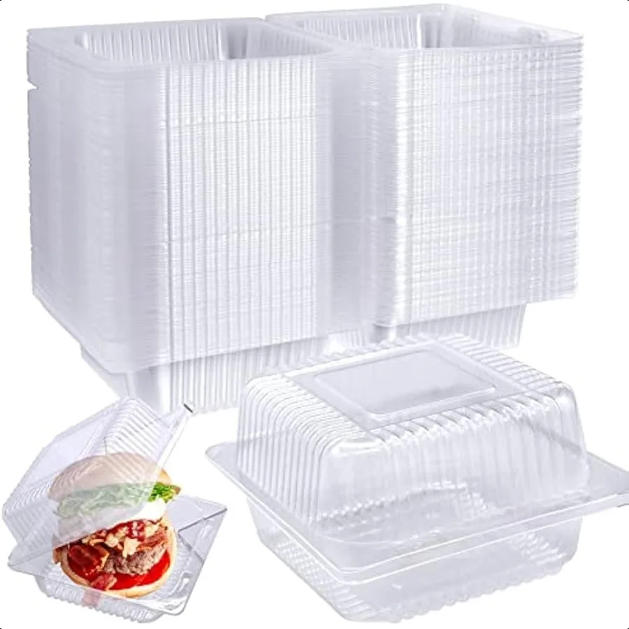 Contenedores de plástico con bisagras transparentes con tapas, contenedores individuales para rebanadas de pasteles, contenedor cuadrado de plástico para alimentos, almeja desechable, 100 Uds.