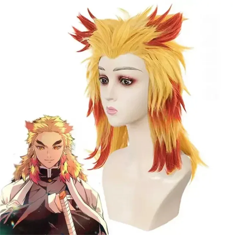 Peluca de Anime Demon Slayer Rengoku Kyoujurou Rubio degradado, disfraz de Cosplay, peluca de cabello Pontail resistente al calor, gorro de peluca, hombres y mujeres