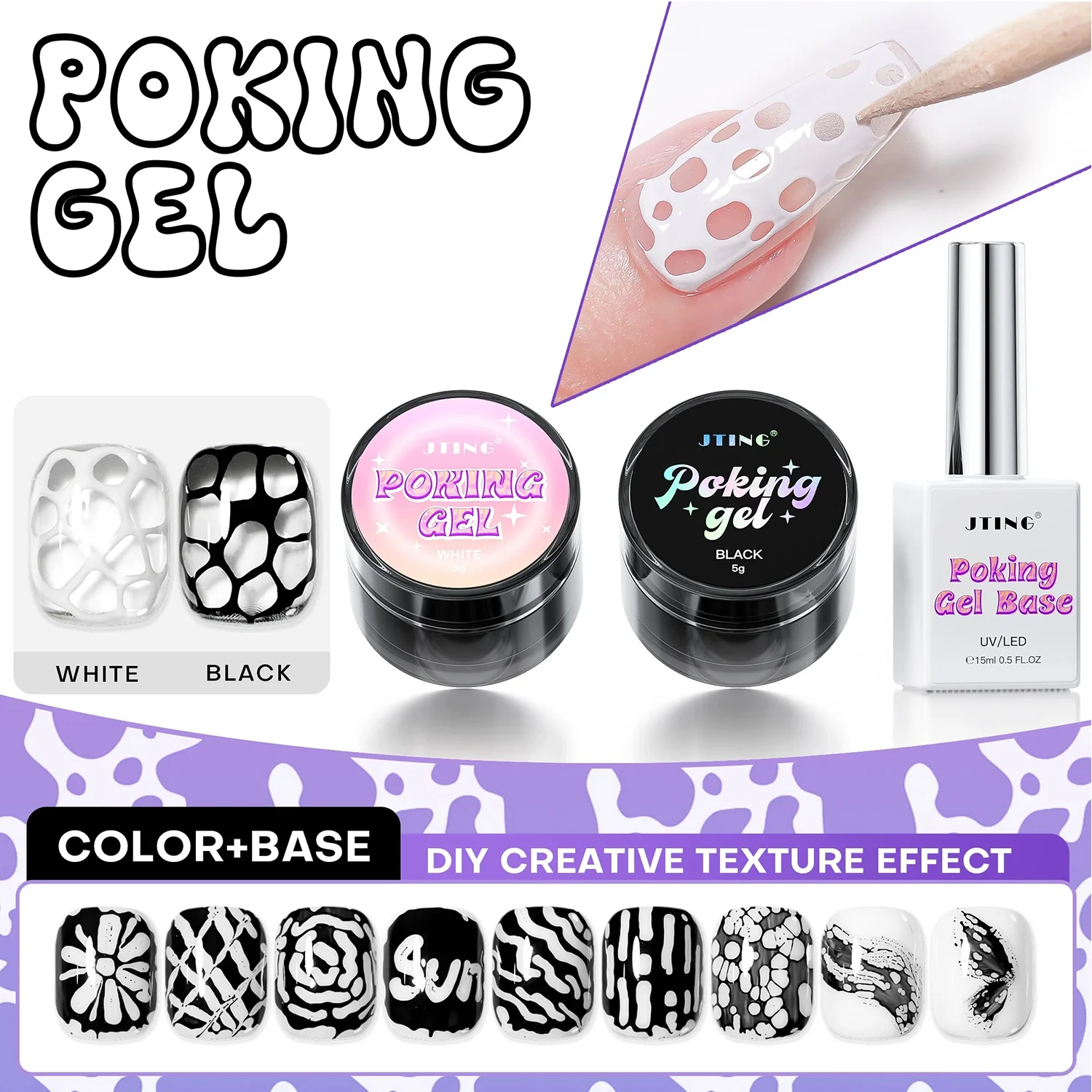 JTING 1pc nail gel uv Semi-permanent varnish Poking Gel Polish White Black Color with Poking base coat Gel Nail Polish