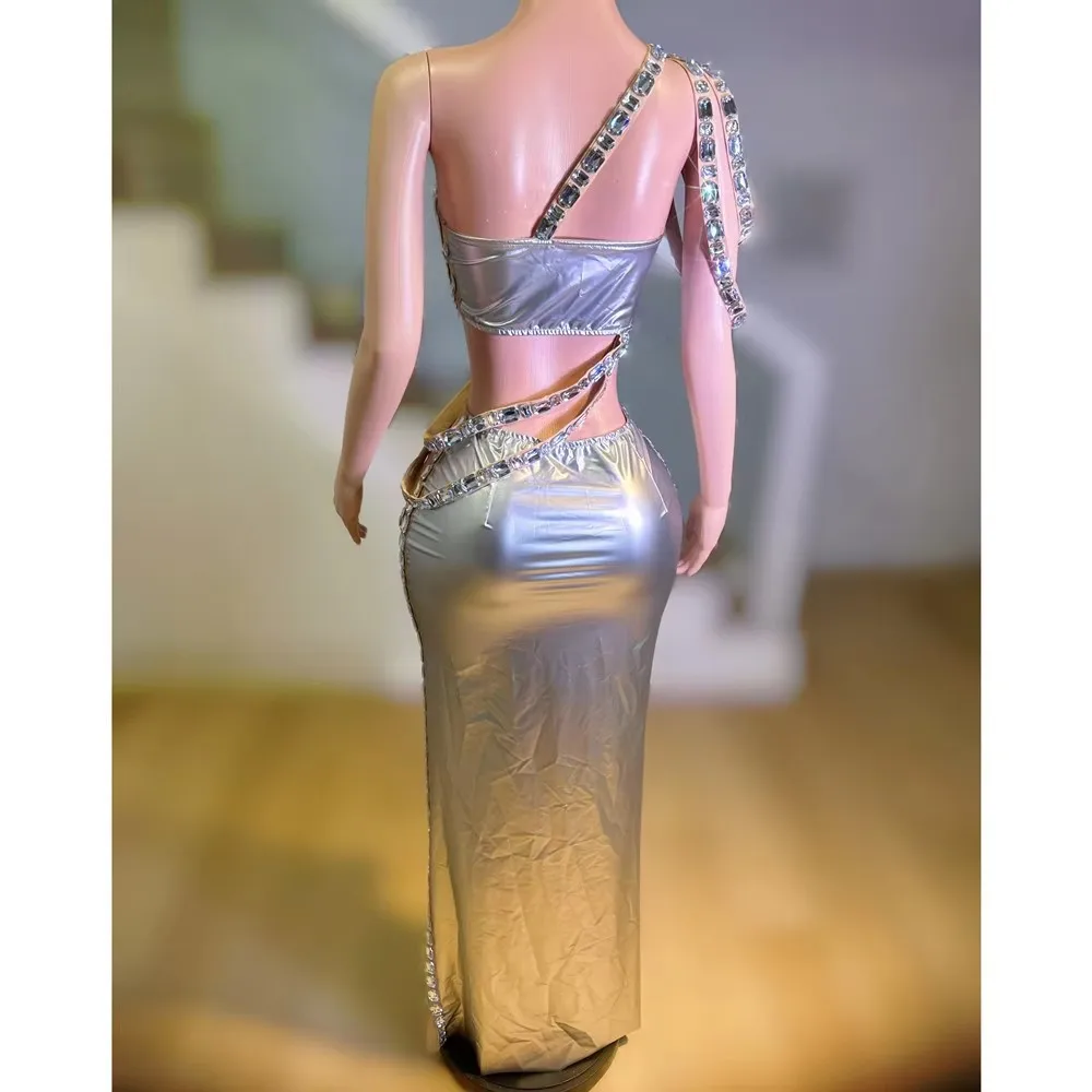 Top da festa sexy Gonna Costume da spettacolo Strass brillanti Crop Rave Outfit Set da 2 pezzi Compleanno Club Show Stage Wear