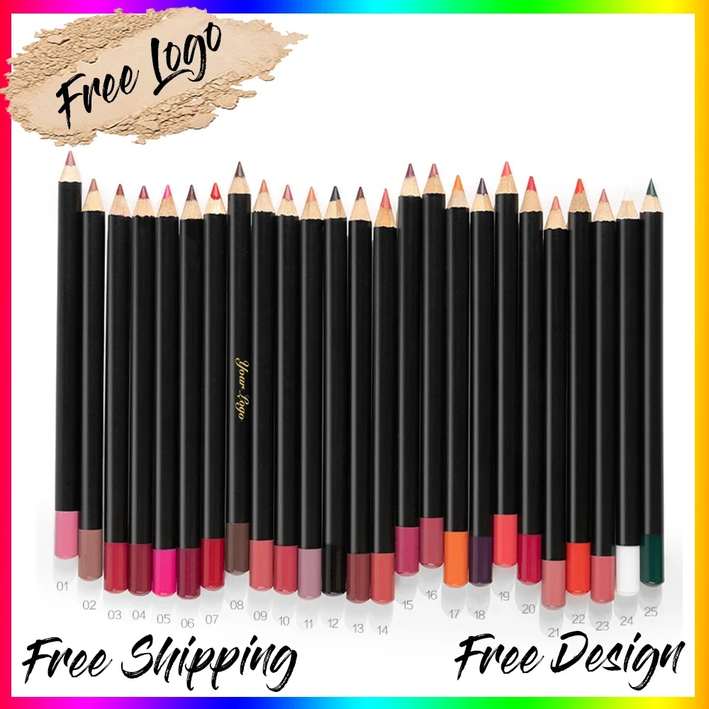 25 Colors Wood Sharpenable Vegan Lipliner Private Label Multifunctional Eyeliner Eyebrow Lip Liner Lipstick Pencil Wholesale